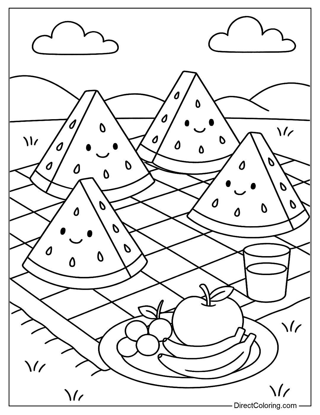 a coloring page of watermelon slices sitting on a picnic, with a tablecloth, cups of water, and a plate of other fruit